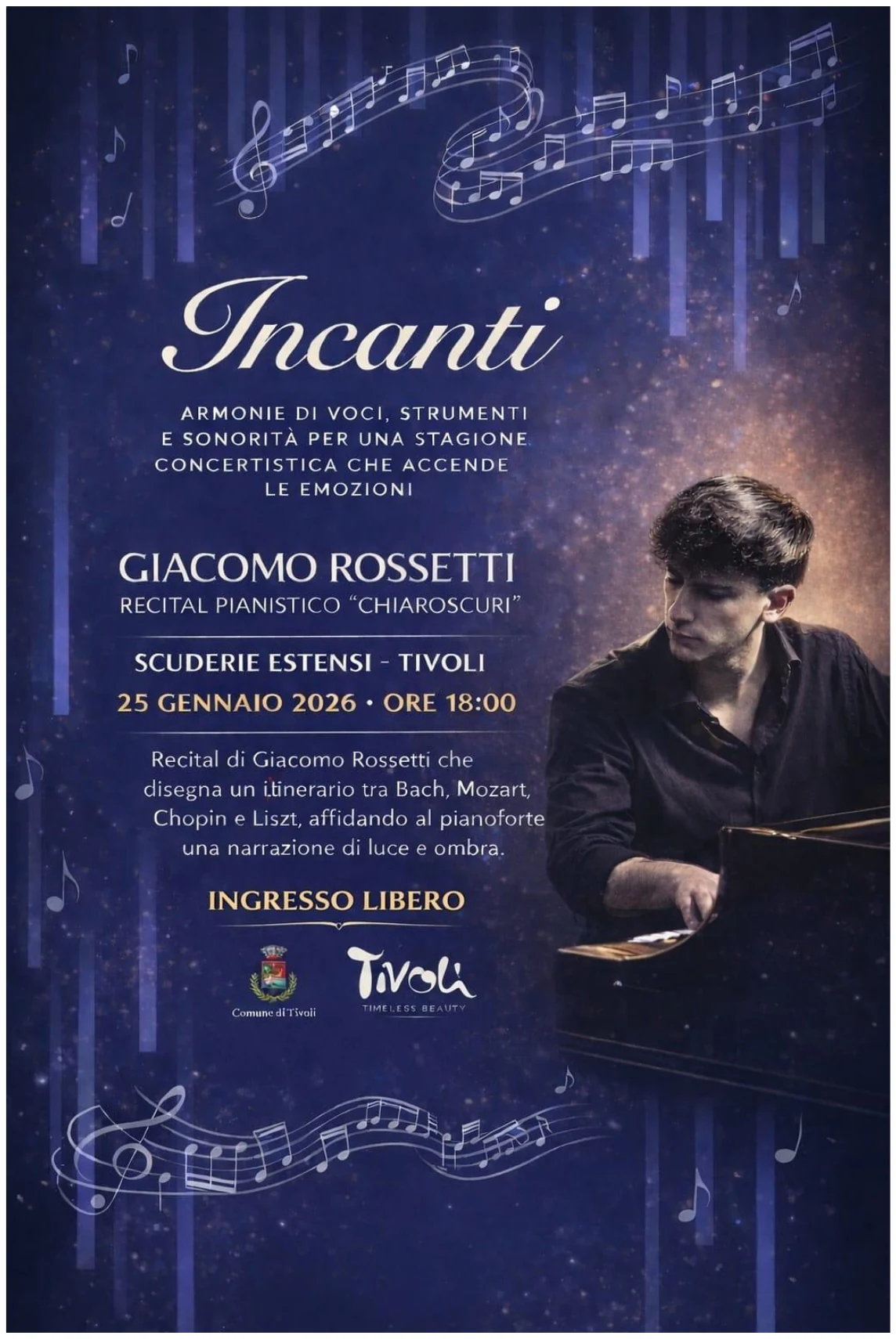 Locandina del recital Chiaroscuri di Giacomo Rossetti alle Scuderie Estensi di Tivoli