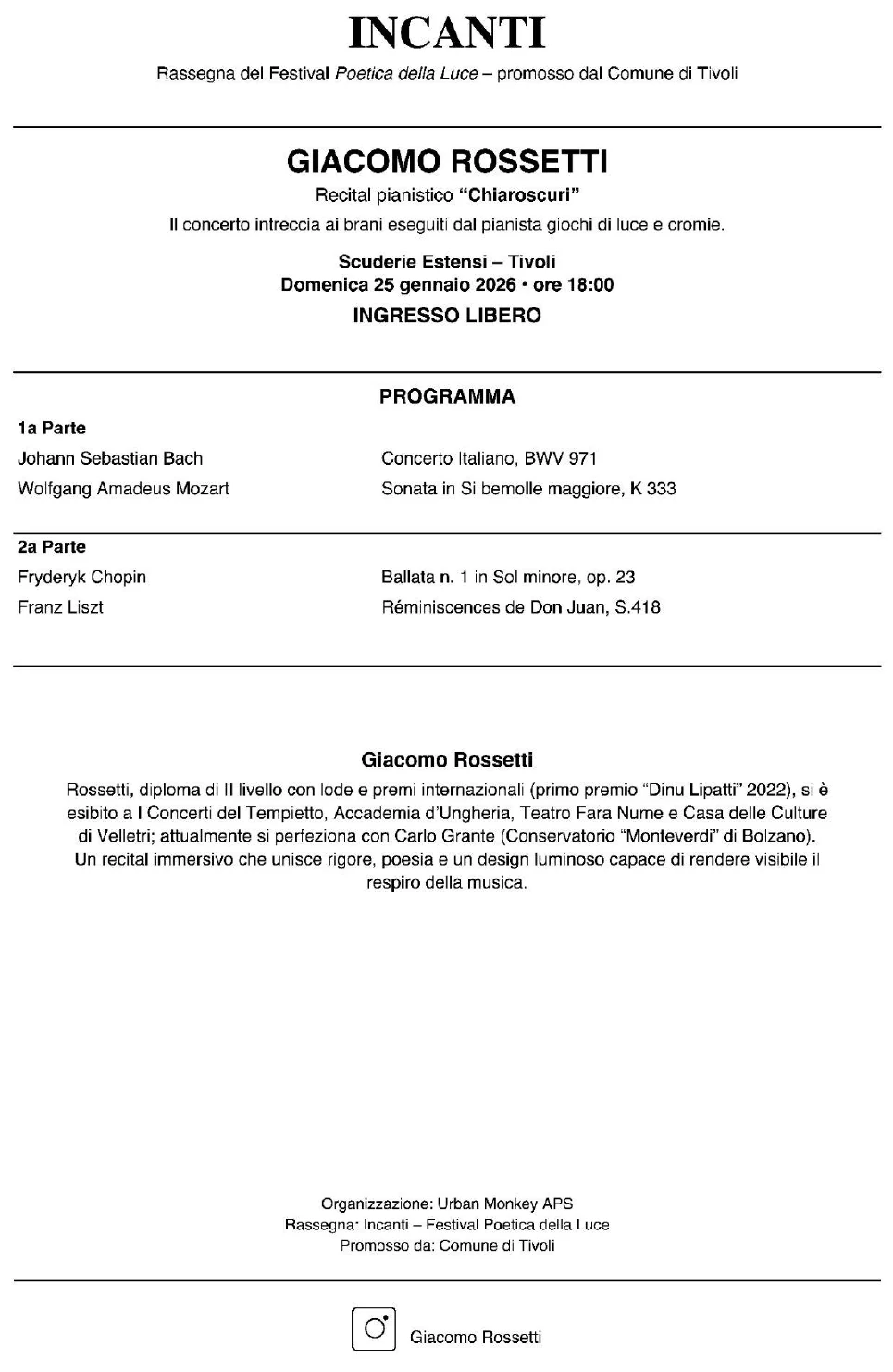 Programma di sala del recital Chiaroscuri di Giacomo Rossetti