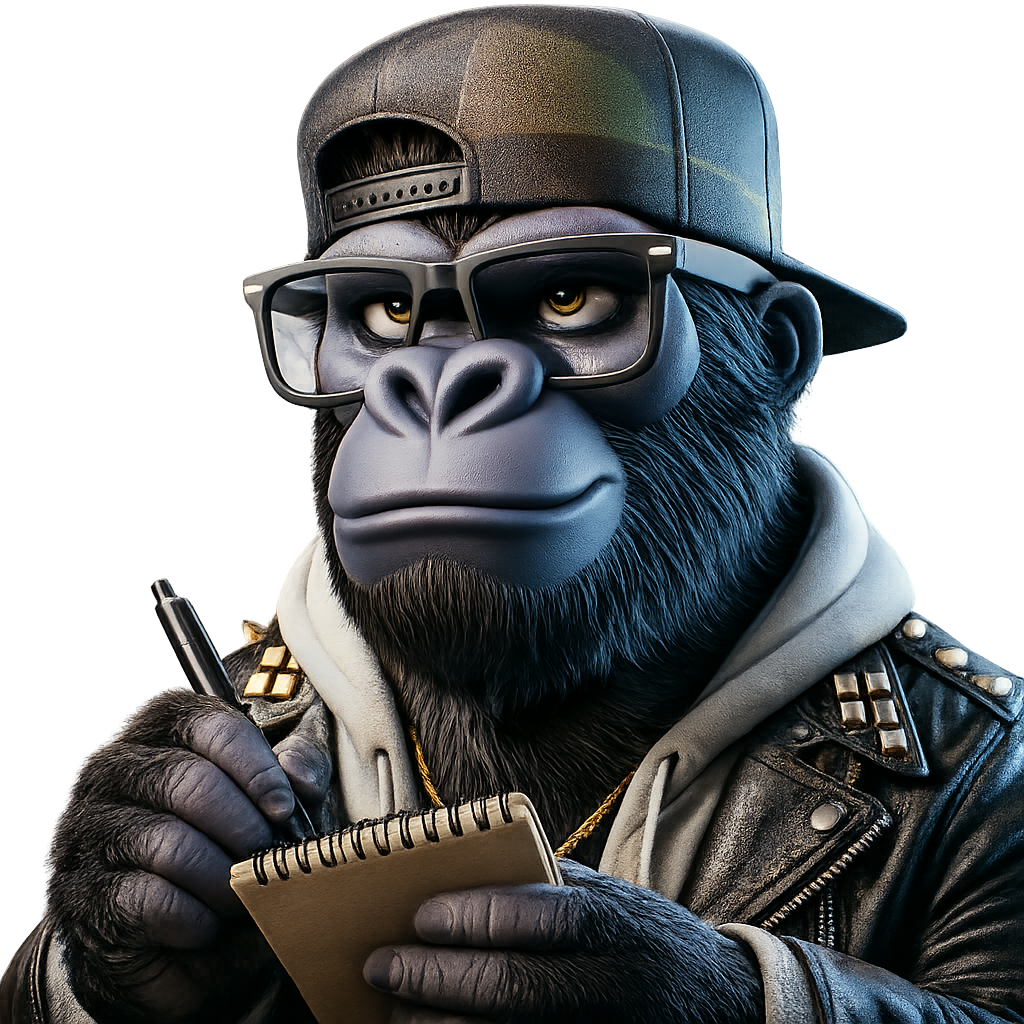 Mascotte gorilla di Jungle Magazine con cappellino, occhiali e taccuino