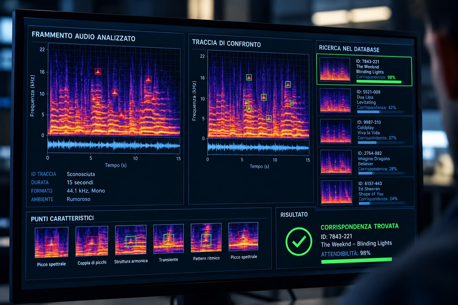 Illustrazione del confronto tra un frammento audio e una registrazione d’archivio attraverso spettrogrammi e picchi caratteristici